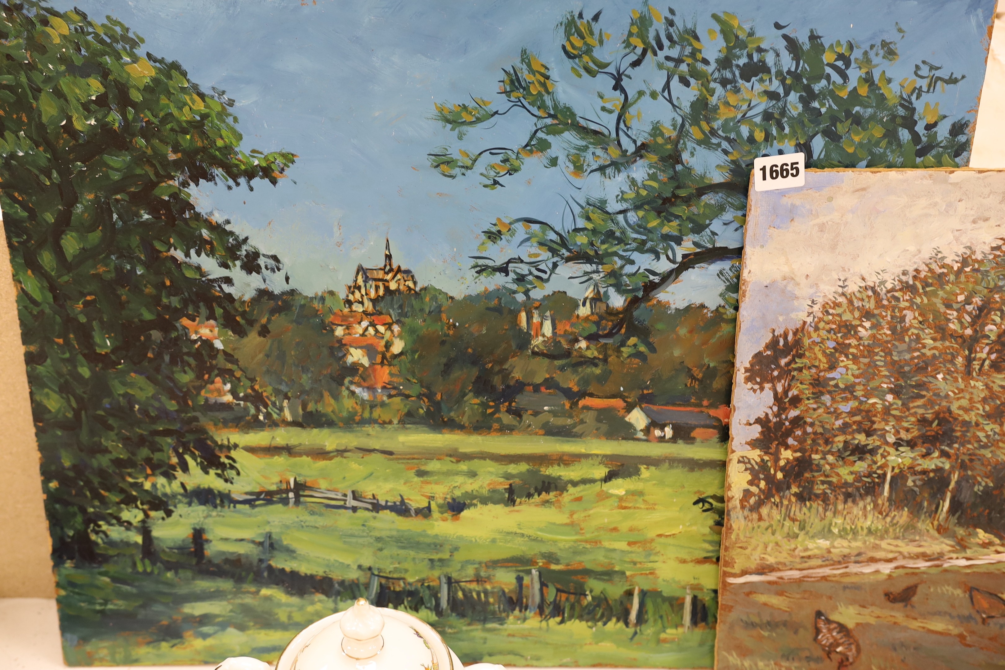 Michael Blaker (1928-2018), two oils on board 'Farm landscape with chickens' and 'Lancing College from the meadows', signed, 38 x 45cm and 51 x 61cm, both unframed
